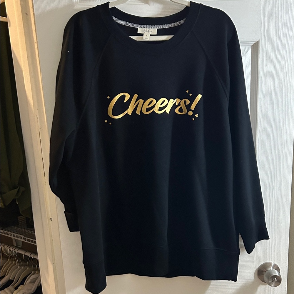 Style & Co. Black Top with Gold 'Cheers!' Print